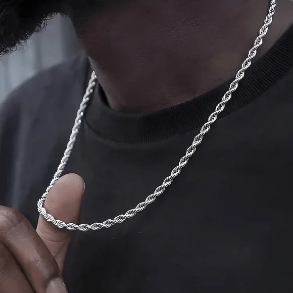 Waterproof Silver Rope Chain Necklace*3mm Rope Chain*Tarnish Free - Picture 1 of 7